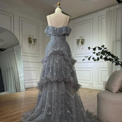 Luxuriöses schulterfreies Dubai-Abendkleid in Silbergrau LA72762