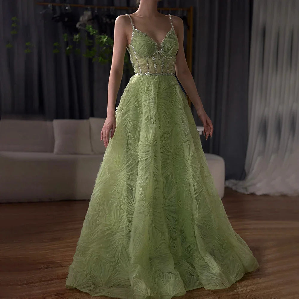 2025 Arabic Sage Green Elegant Spaghetti Strap Backless A-Line Prom Dress for Women | Wedding Party LA72636