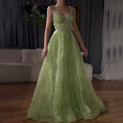 2025 Arabic Sage Green Elegant Spaghetti Strap Backless A-Line Prom Dress for Women | Wedding Party LA72636