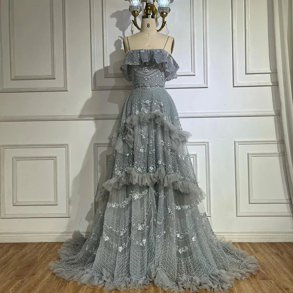 Luxuriöses schulterfreies Dubai-Abendkleid in Silbergrau LA72762