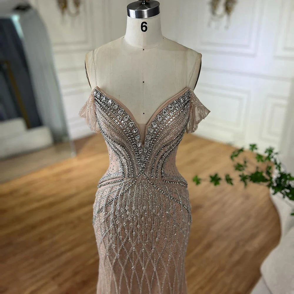 2025 Saudi Arabic Off Shoulder Nude Beaded Tulle Mermaid Evening Gown for Formal Occasion LA72854