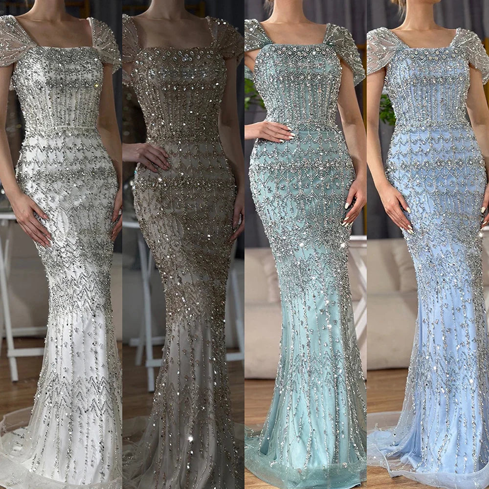 Vestido de noche árabe blanco de lujo estilo sirena de Dubái con mangas cortas LA72714