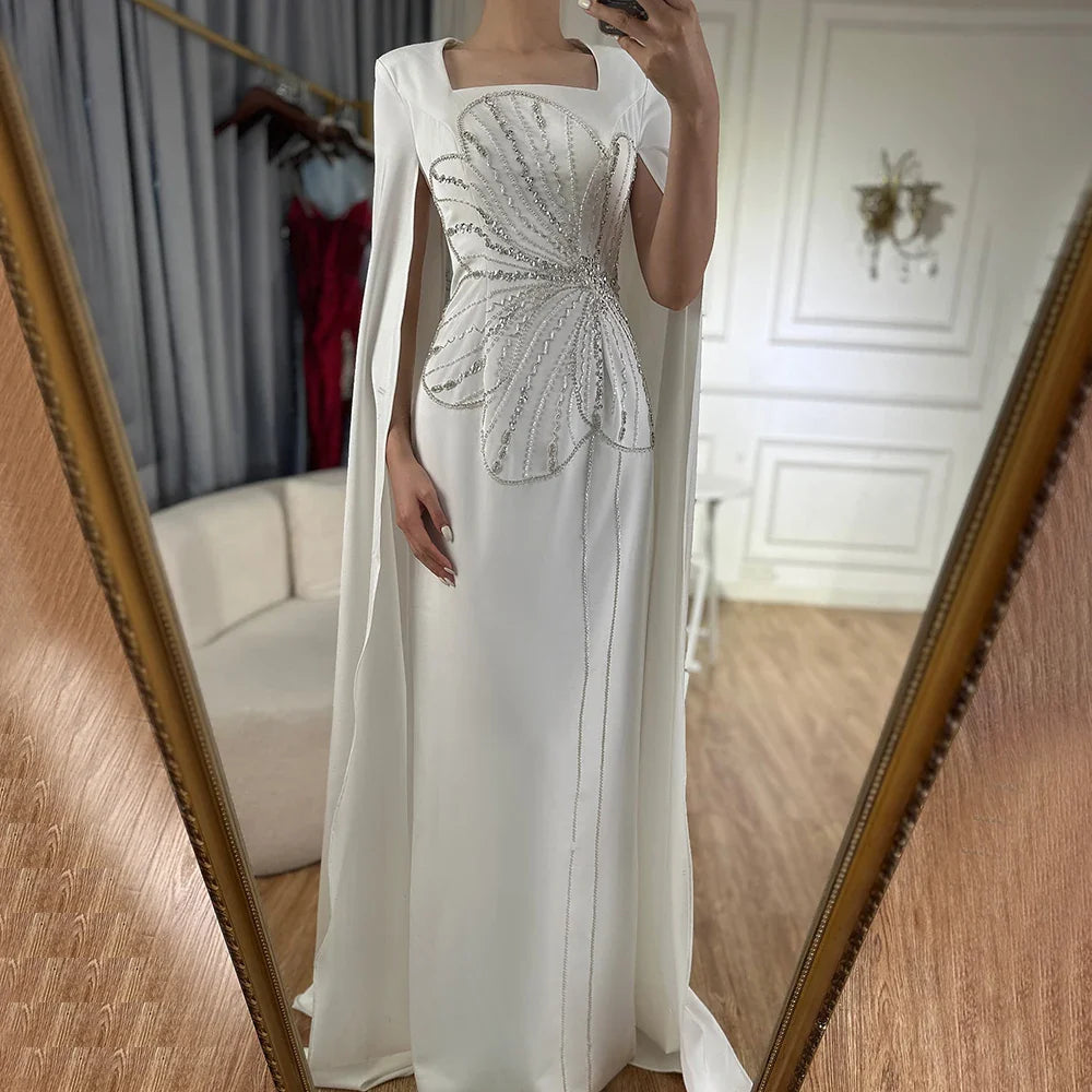 Arabic Black Mermaid Elegant Cape Sleeves Beaded Satin Luxury Dubai Evening Dresses Gowns For Women Party LA72461