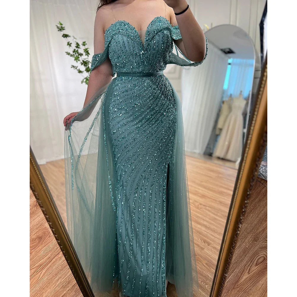 Nude Mermaid Elegant Mit Überrock Off Schulter Perlen Split Abendkleider Kleider Für Frau Party 2024 LA71728 