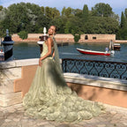 Elegantes Abendkleid in Salbeigrün mit 3D-Blumen in A-Linie LA72913