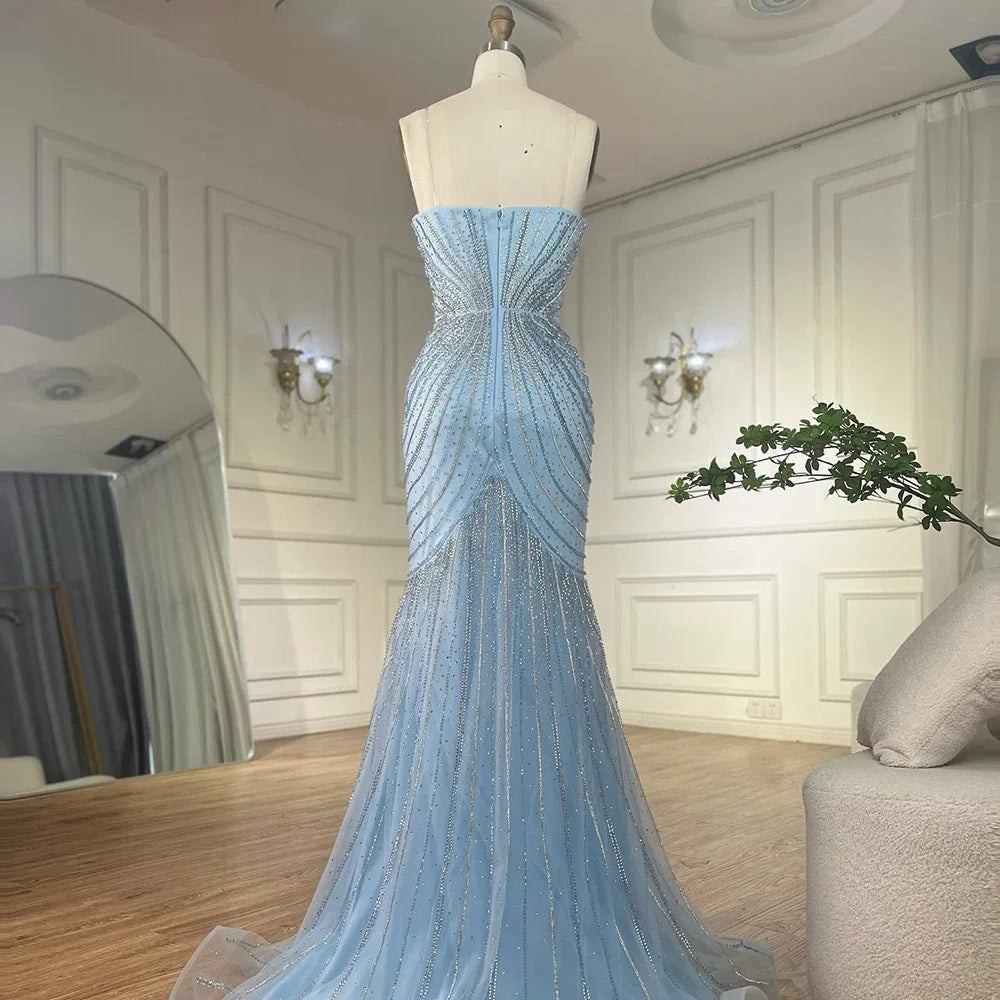 Vestido de noche árabe azul con tirantes finos, cuentas y capa desmontable para ocasiones formales 2025 LA72784 