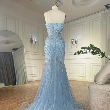 Vestido de noche árabe azul con tirantes finos, cuentas y capa desmontable para ocasiones formales 2025 LA72784 