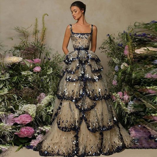 Luxus-Designer-Ballkleid mit glitzernden Pailletten und gestuften Rüschen LA72505 