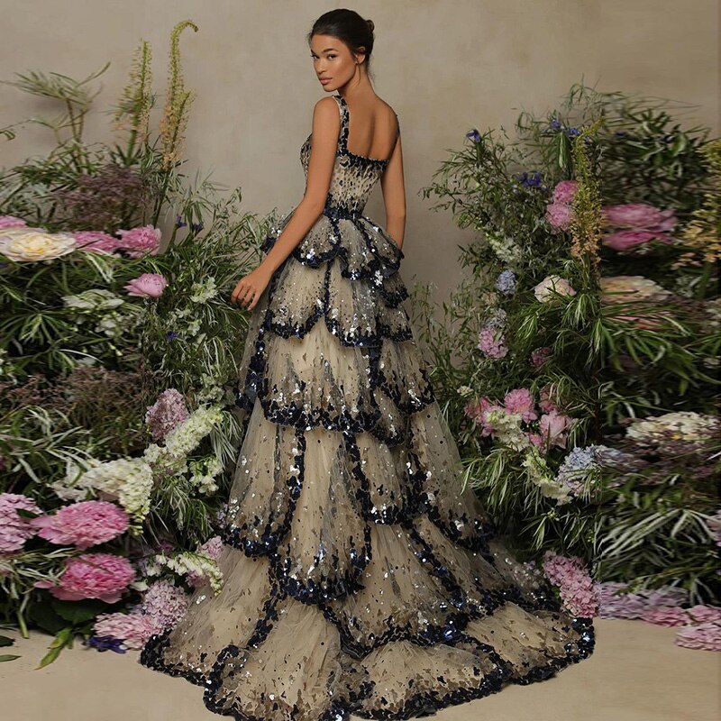 Luxury Designer Sparkly Sequin Tiered Ruffles Ball Gown Evening Dress LA72505