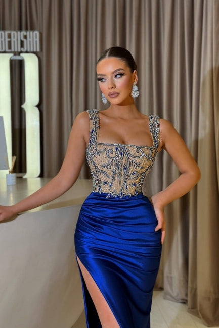 Sheath Royal Blue Straps Split Front Square Sleeveless Jewelry Ruffles Floor-Length Stain Prom Dresses with Beadings