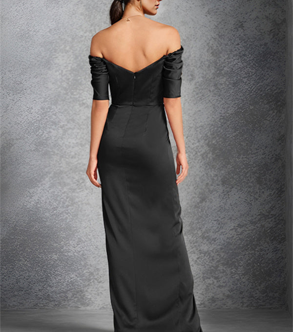 Vestidos para madre de la novia con corte tubo, hombros descubiertos, mangas cortas y largo hasta el suelo con abertura frontal
