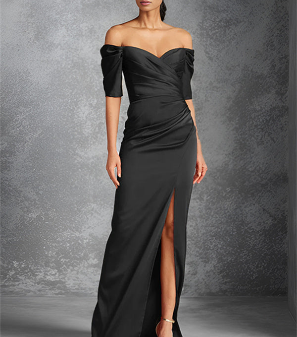 Vestidos para madre de la novia con corte tubo, hombros descubiertos, mangas cortas y largo hasta el suelo con abertura frontal