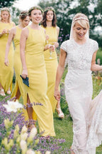 Vestido de dama de honor amarillo, largo hasta el suelo, con abertura en la espalda, BD140