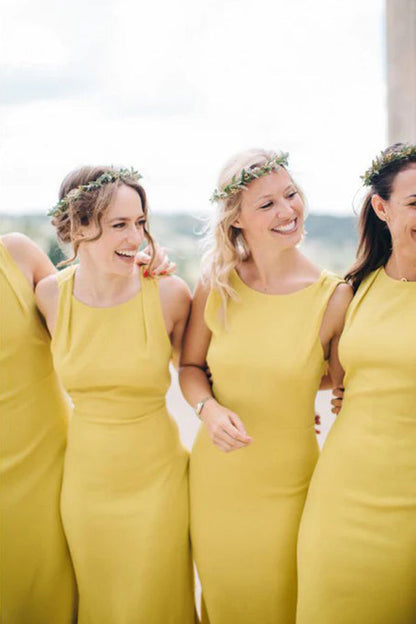 Robe de demoiselle d'honneur jaune fourreau dos nu longueur au sol avec fente BD140