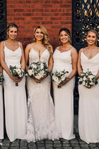 Vestido de dama de honor largo drapeado con tirantes finos BD130