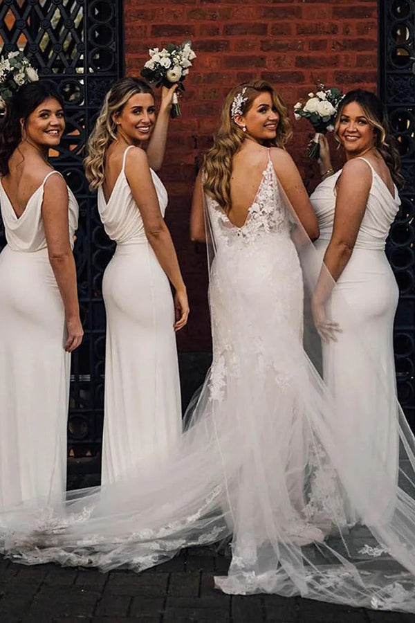 Vestido de dama de honor largo drapeado con tirantes finos BD130