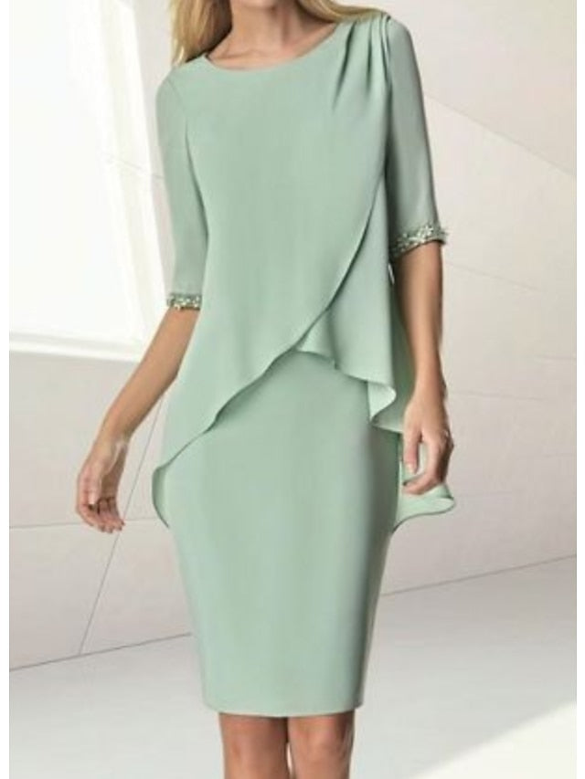 Vestidos para madre de la novia con escote joya, corte tubo/columna, hasta la rodilla, media manga y fruncido con cuentas