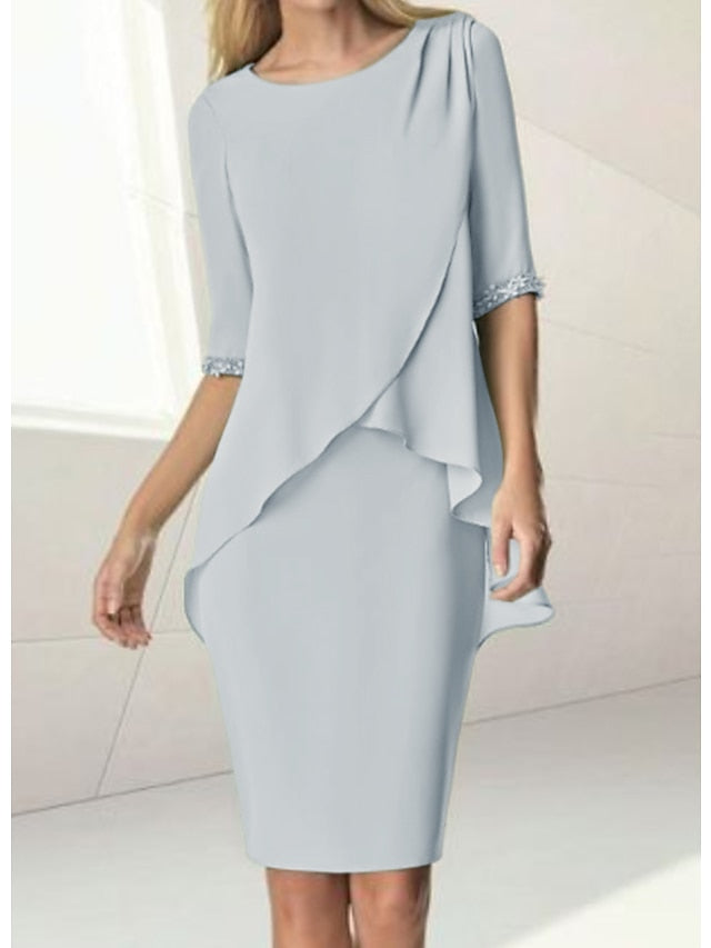 Vestidos para madre de la novia con escote joya, corte tubo/columna, hasta la rodilla, media manga y fruncido con cuentas