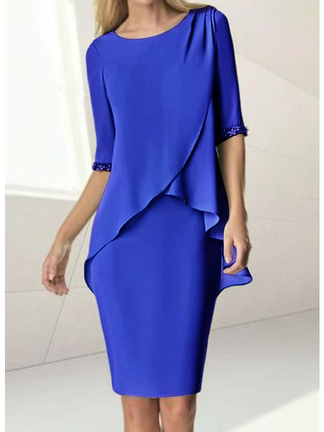 Vestidos para madre de la novia con escote joya, corte tubo/columna, hasta la rodilla, media manga y fruncido con cuentas