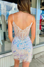 Vestido mini de fiesta con tirantes finos y lentejuelas PD554