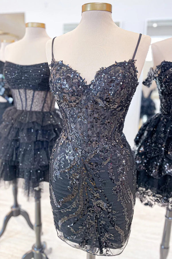 Vestido mini de fiesta con tirantes finos y lentejuelas PD554