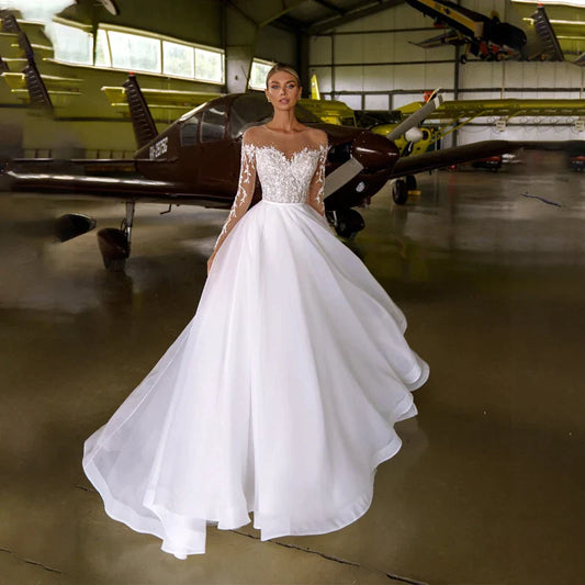 Sheer Neck with Heavy Crystals Long Sleeves White Wedding Dress Organza and Tulle A-line Bling Bridal Dress-payinti