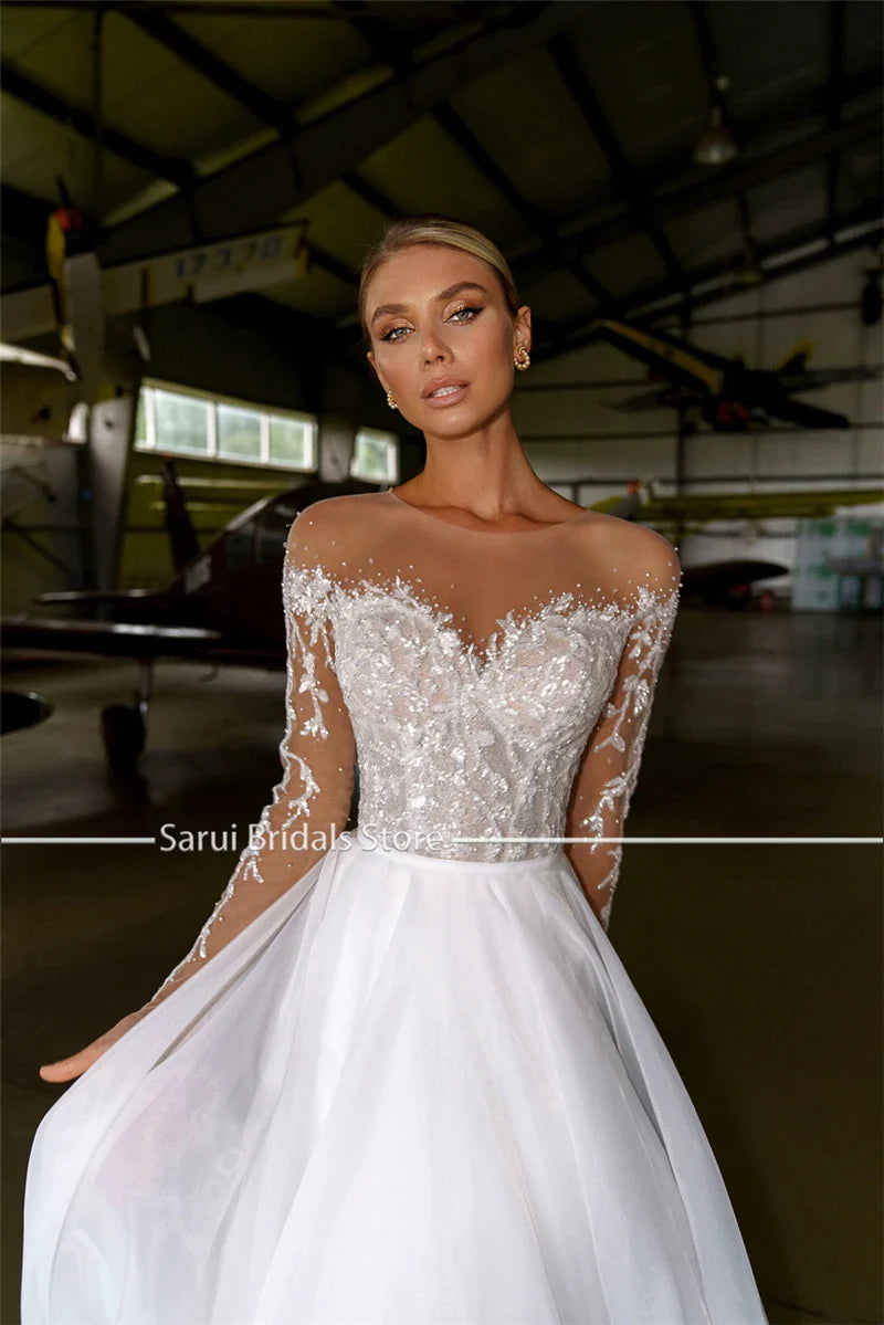 Sheer Neck with Heavy Crystals Long Sleeves White Wedding Dress Organza and Tulle A-line Bling Bridal Dress-payinti