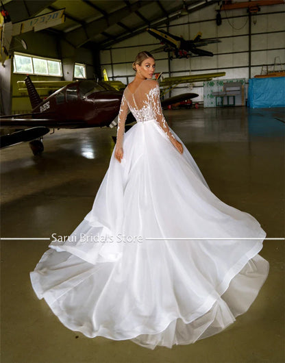 Sheer Neck with Heavy Crystals Long Sleeves White Wedding Dress Organza and Tulle A-line Bling Bridal Dress-payinti