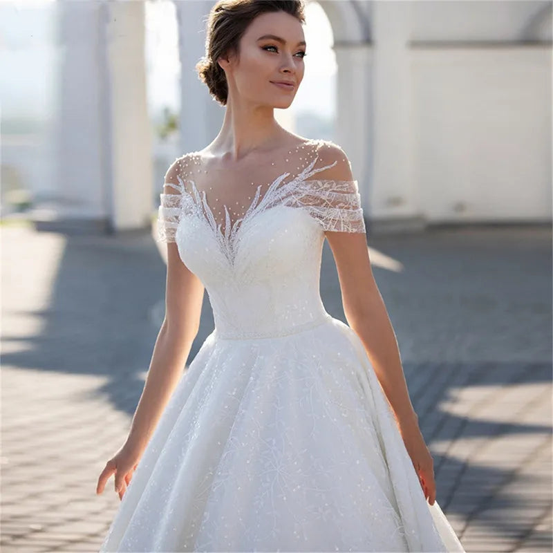 Shiny Off The Shoulder 2023 Wedding Dress For Bride Elegant Glitter Lace A-Line Bridal Gown Illusion Pleats Robe De Mariée-payinti