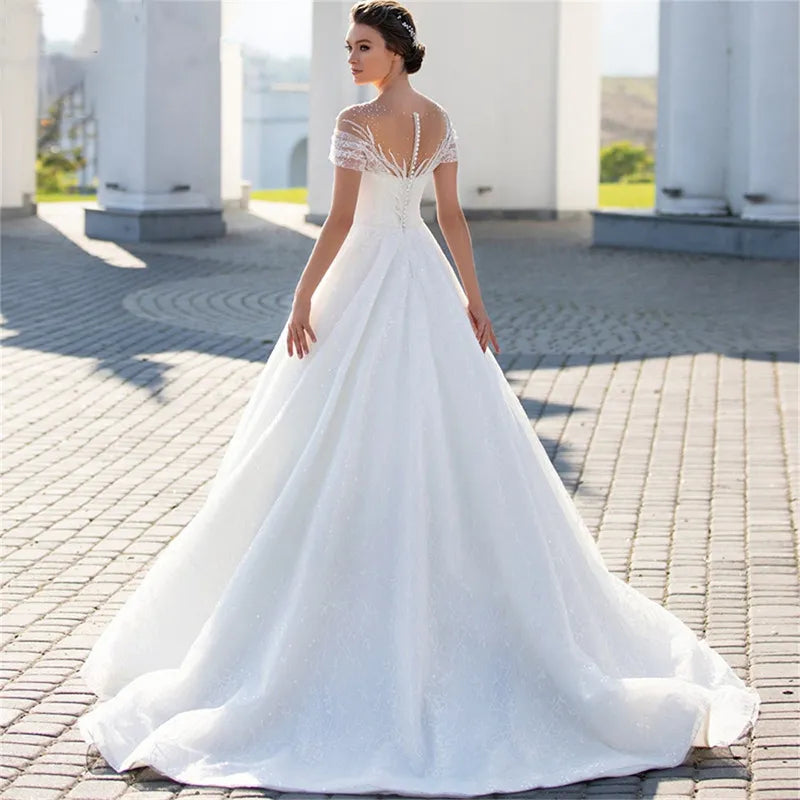 Shiny Off The Shoulder 2023 Wedding Dress For Bride Elegant Glitter Lace A-Line Bridal Gown Illusion Pleats Robe De Mariée-payinti