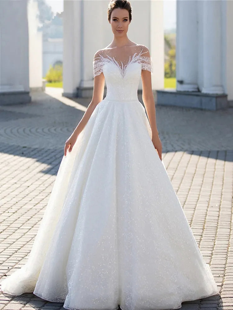 Shiny Off The Shoulder 2023 Wedding Dress For Bride Elegant Glitter Lace A-Line Bridal Gown Illusion Pleats Robe De Mariée-payinti