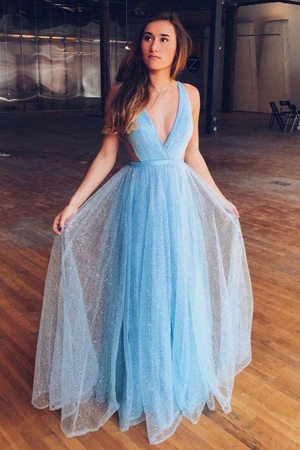 Vestido de fiesta largo de tul azul claro brillante con escote en V para adolescentes PSK358