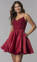 Kurzes Ballkleid aus Spitze mit Perlenbesatz, Satin, mit Taschen, SYH82 