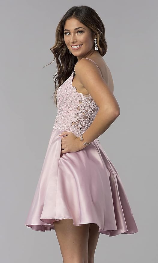 Kurzes Ballkleid aus Spitze mit Perlenbesatz, Satin, mit Taschen, SYH82 