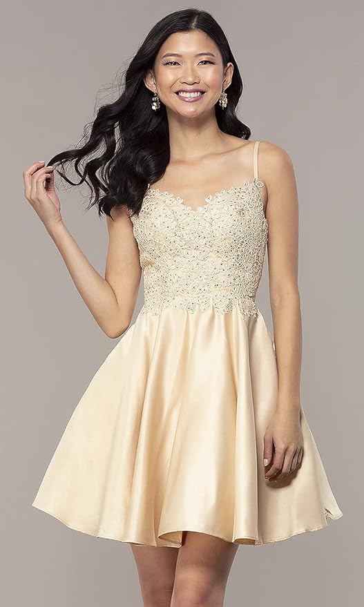 Kurzes Ballkleid aus Spitze mit Perlenbesatz, Satin, mit Taschen, SYH82 