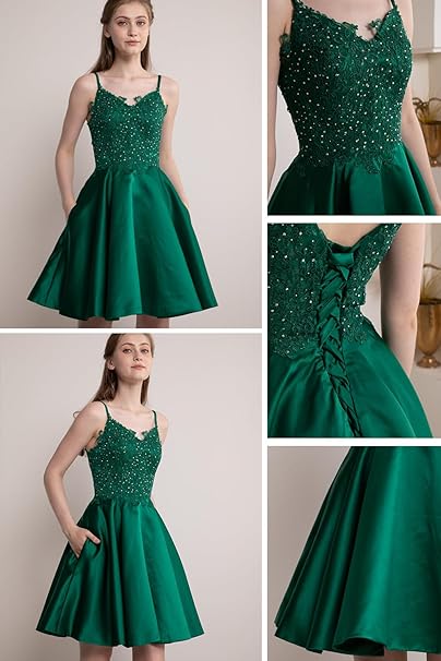 Kurzes Ballkleid aus Spitze mit Perlenbesatz, Satin, mit Taschen, SYH82 
