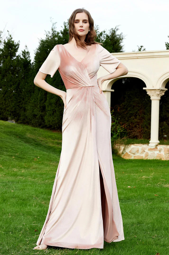 Kurzärmliges Ballkleid mit V-Ausschnitt und hohem Schlitz, Brautjungfernkleid SCB181