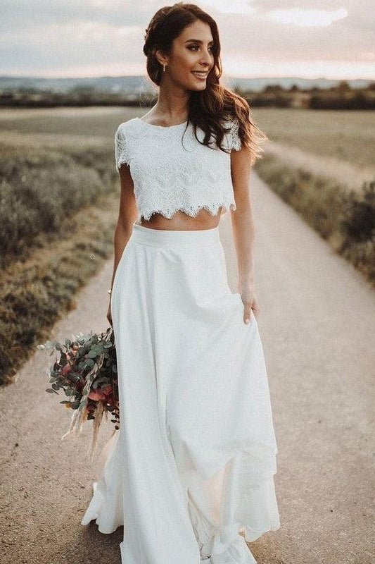Kurzärmliges zweiteiliges Brautkleid mit Spitzen-Einzelteilen WD601