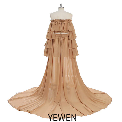 Shoulderless Chiffon Two Piece Long Sleeves Maternity Dress for Baby Shower Photo Shoot Fancy Photography Props Dress SY231003