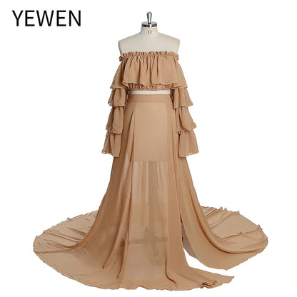 Shoulderless Chiffon Two Piece Long Sleeves Maternity Dress for Baby Shower Photo Shoot Fancy Photography Props Dress SY231003
