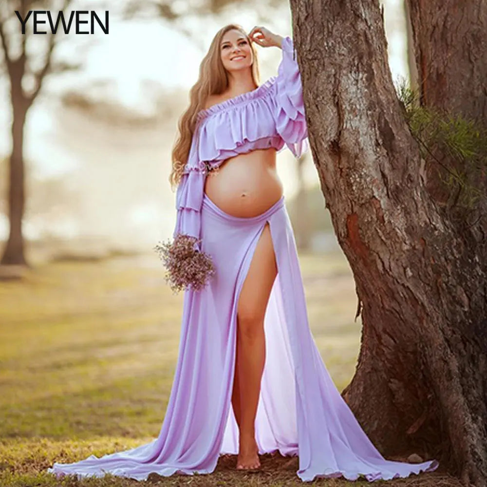 Shoulderless Chiffon Two Piece Long Sleeves Maternity Dress for Baby Shower Photo Shoot Fancy Photography Props Dress SY231003