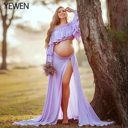 Shoulderless Chiffon Two Piece Long Sleeves Maternity Dress for Baby Shower Photo Shoot Fancy Photography Props Dress SY231003