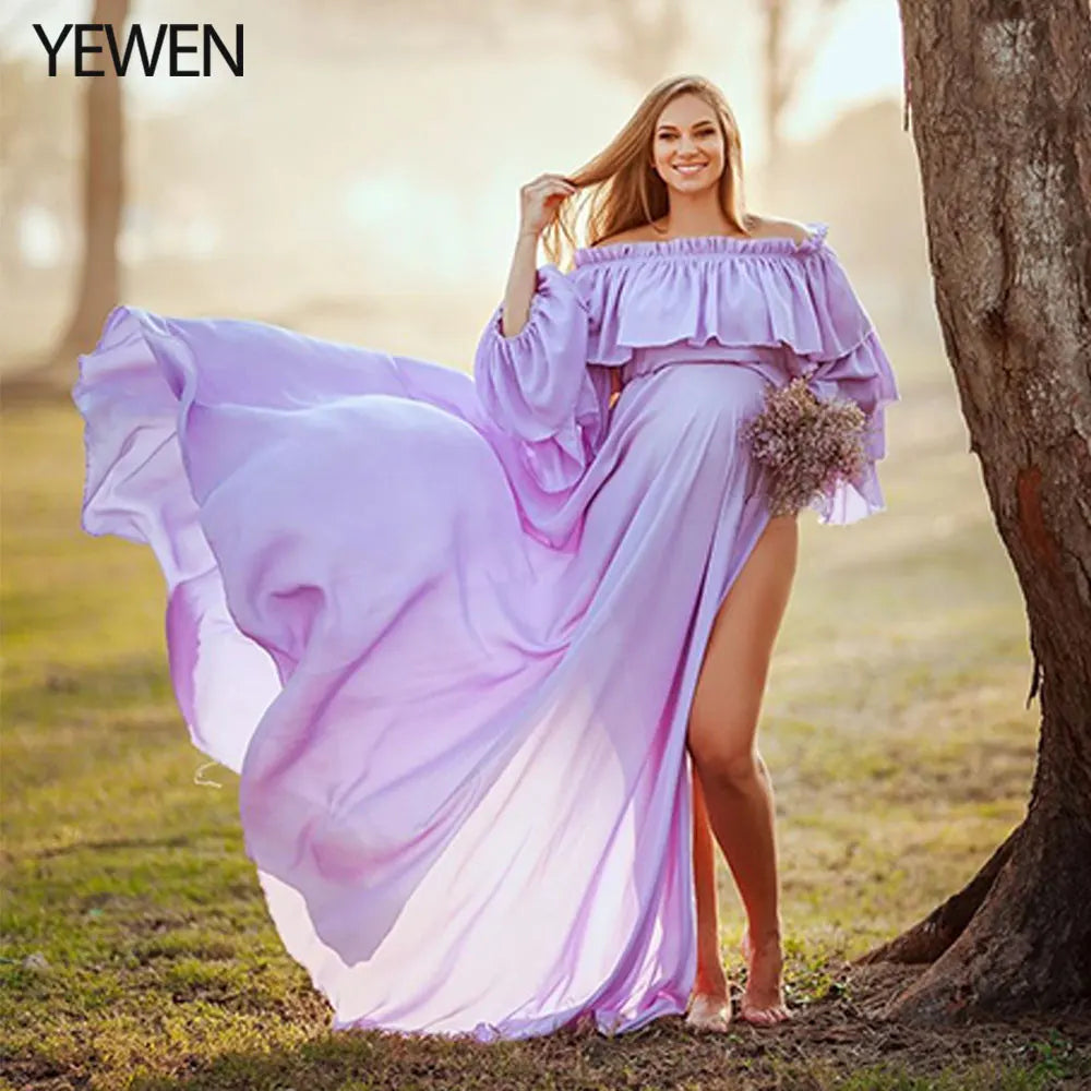 Shoulderless Chiffon Two Piece Long Sleeves Maternity Dress for Baby Shower Photo Shoot Fancy Photography Props Dress SY231003