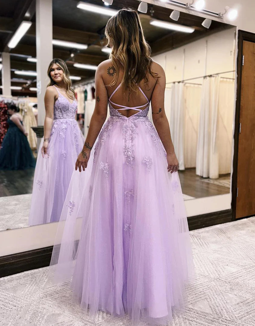 Tulle Spaghetti Strap Side Slit Lace Prom Dresses SYP158