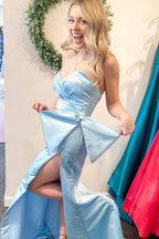 Off Shoulder Pink Satin Prom Dresses With Slit SYP90