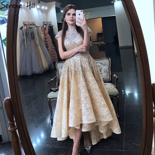 Silber Asymmetrische Abendkleider 2025 Perlen Kappe Ärmel Sparkle Sexy Formale Kleid Ruhigen Hill LA60757
