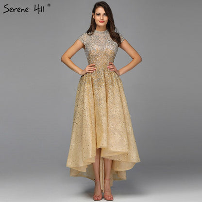 Silber Asymmetrische Abendkleider 2025 Perlen Kappe Ärmel Sparkle Sexy Formale Kleid Ruhigen Hill LA60757