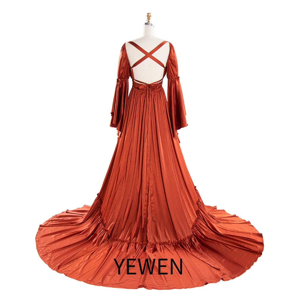 Silkly Satin Long Sleeeves Pregnancy Woman Baby Shower Maternity Dresses for Photoshoot SY240124