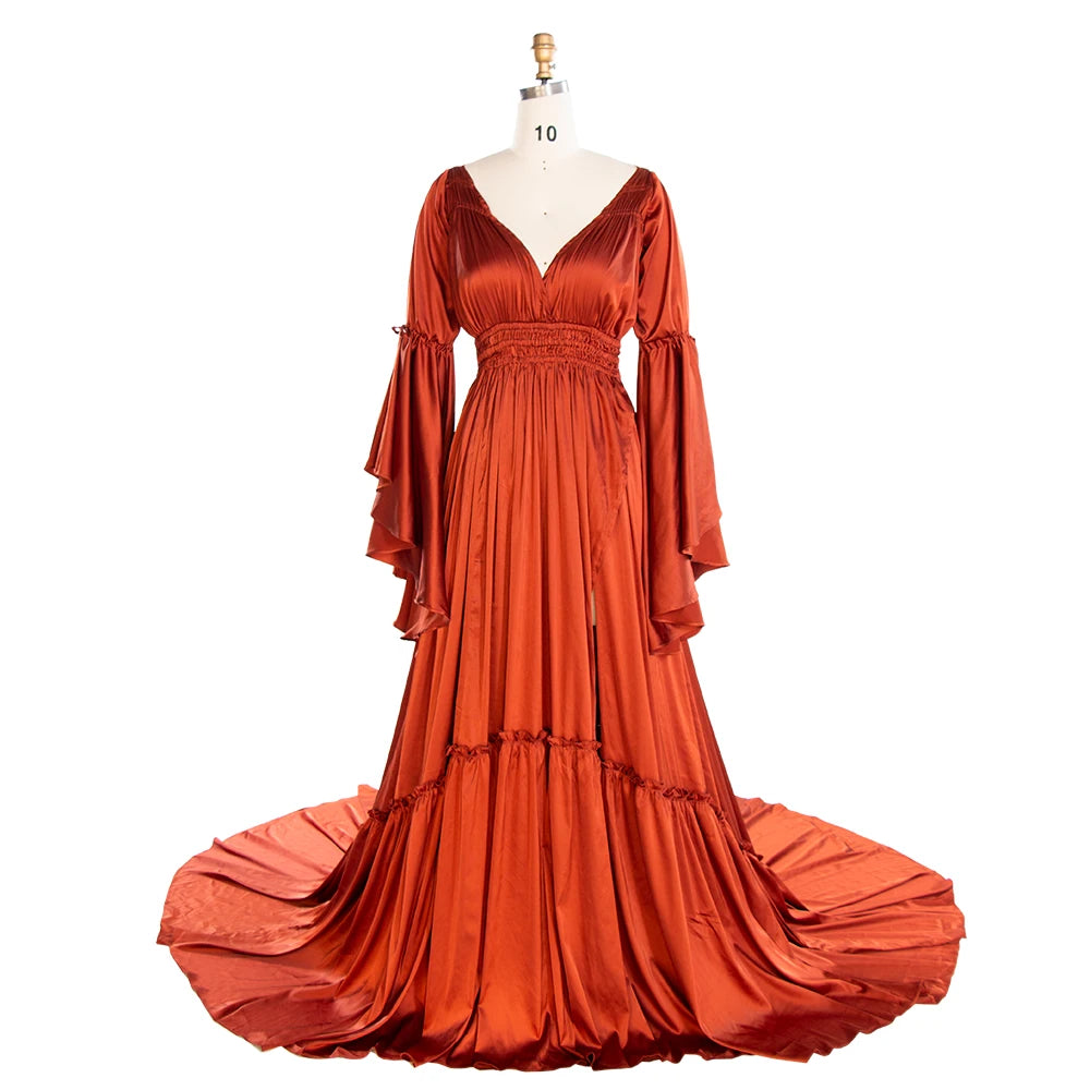 Silkly Satin Long Sleeeves Pregnancy Woman Baby Shower Maternity Dresses for Photoshoot SY240124