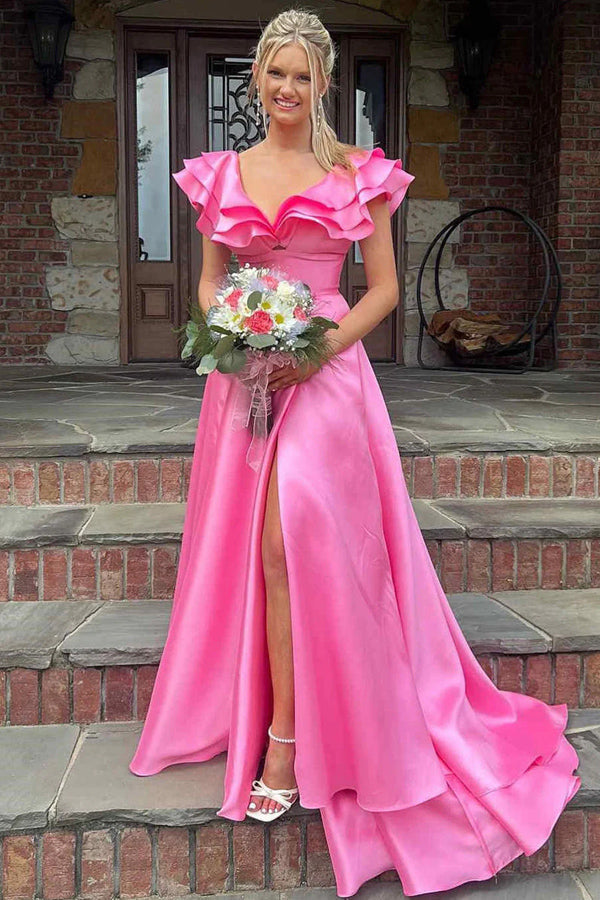 Silky Satin V Neck Ruffles Hot Pink Prom Dresses Formal Dresses